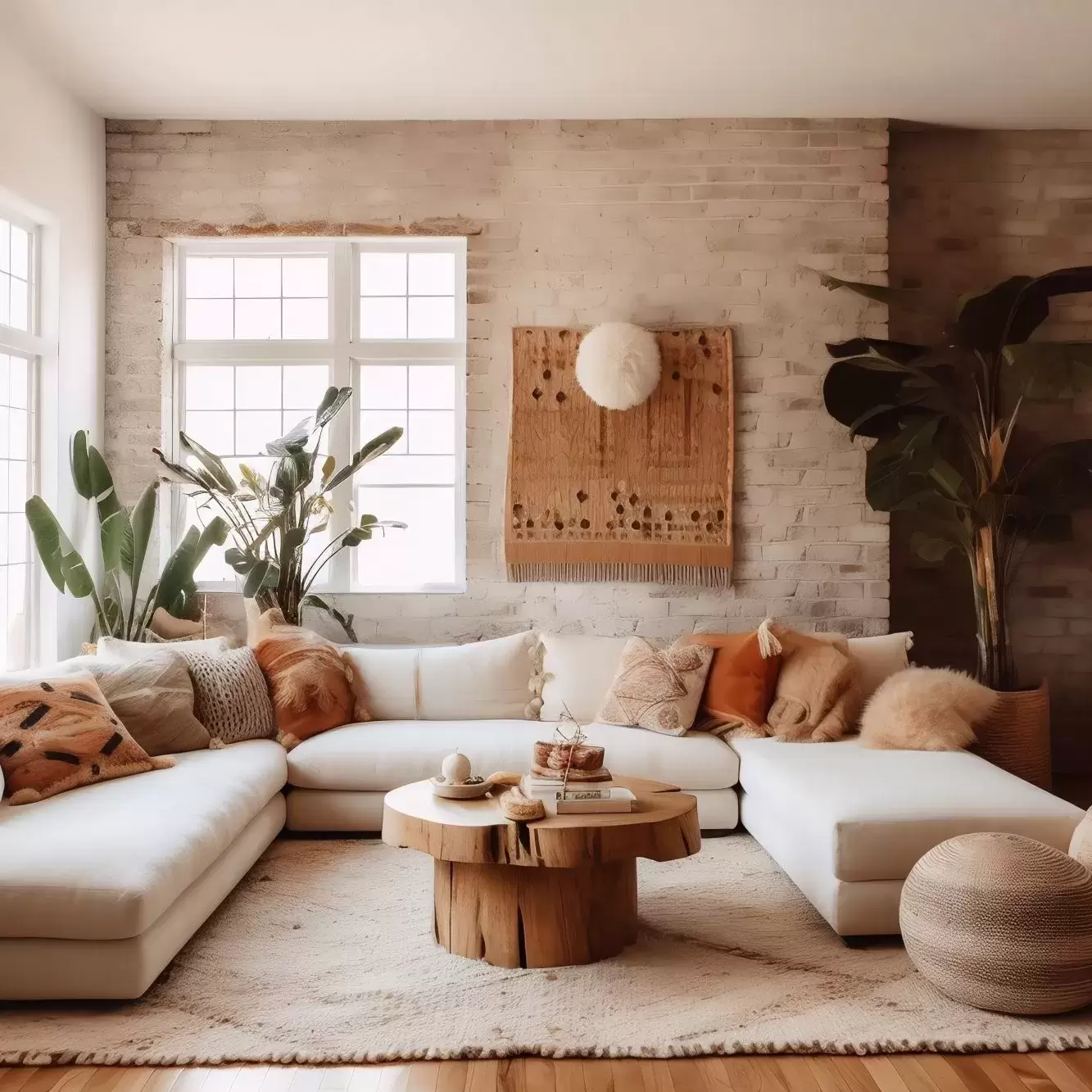 A beautiful neutral and earth toned apartment living room with a sectional sofa.